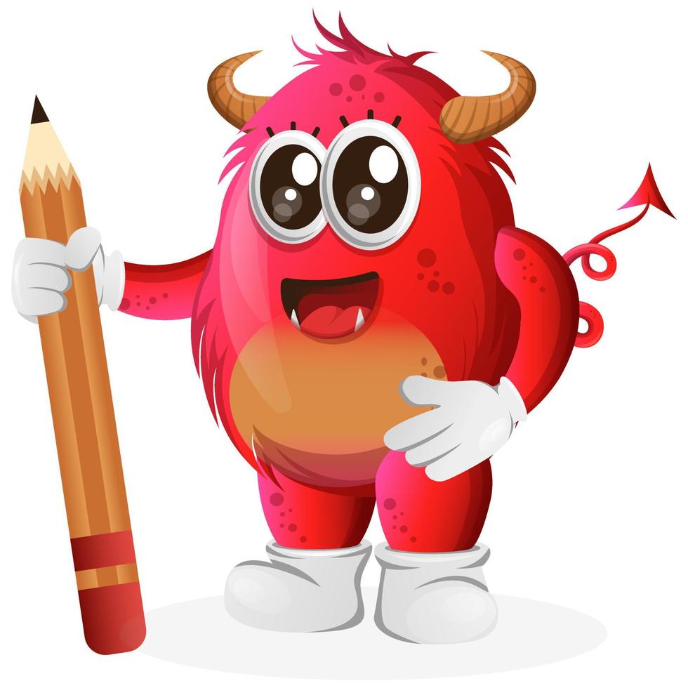 Vektor süßes rotes Monster mit Bleistift
