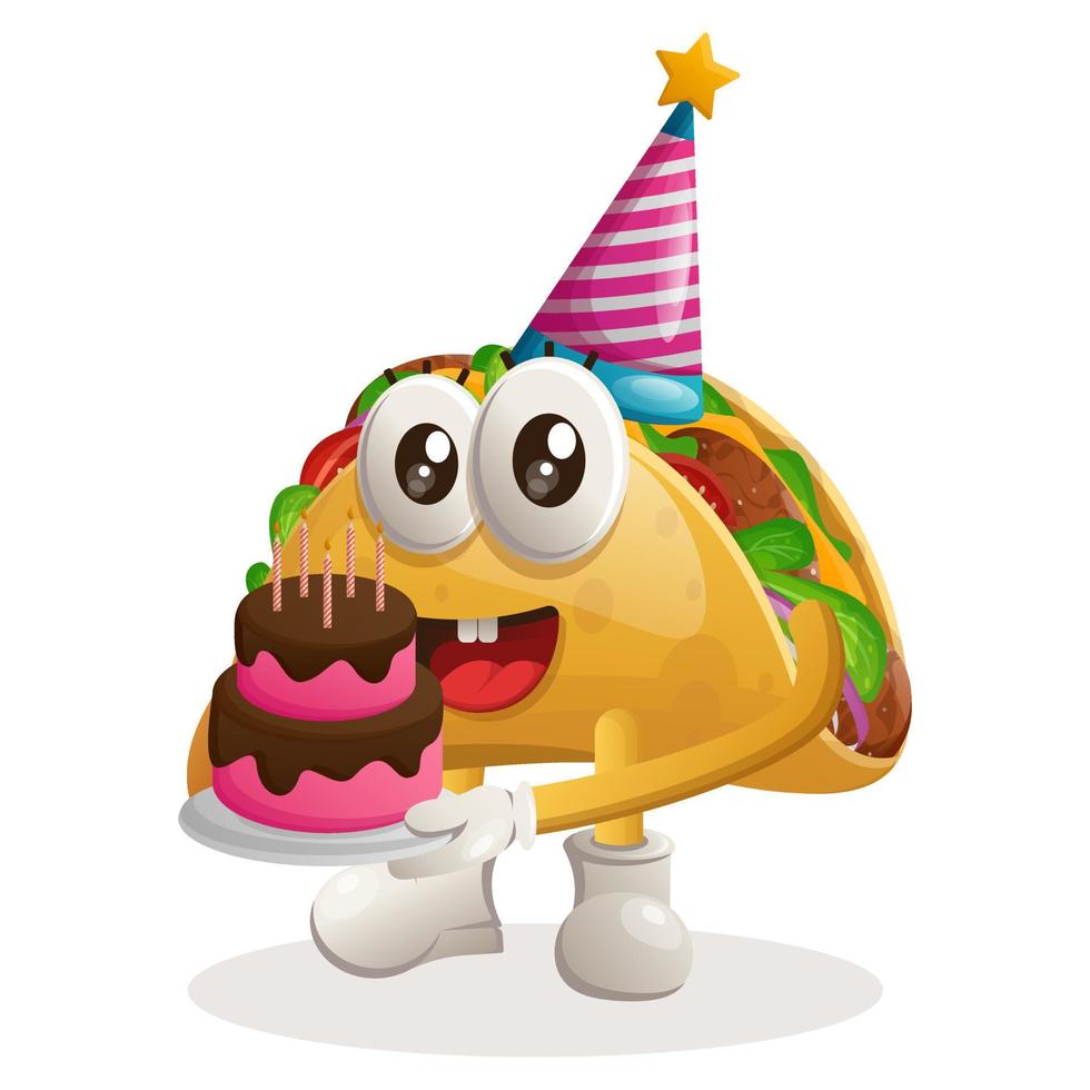 söt taco maskot bär en födelsedag hatt, innehav födelsedag kaka vektor