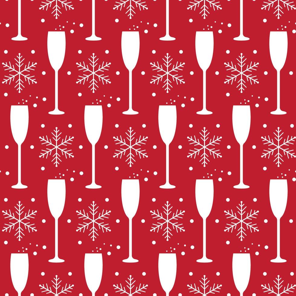 jul och ny år sömlös mönster med champagne glasögon och snöflingor på röd bakgrund. vektor