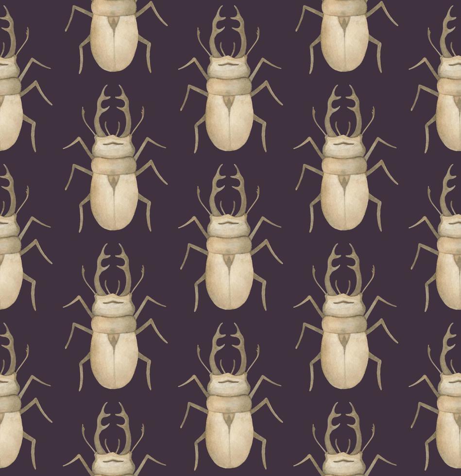 lila vektor sömlös mönster med vattenfärg noshörning skalbaggar