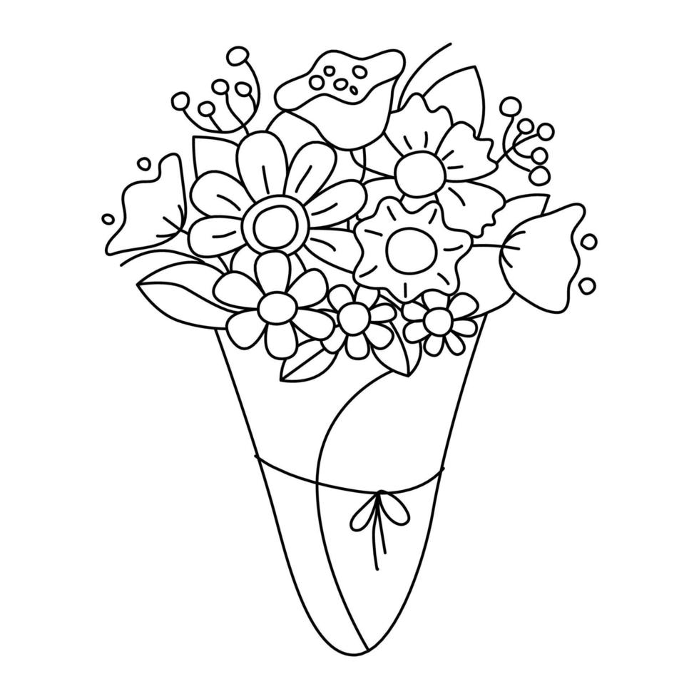 blomma bukett. vektor linje konst illustration av skiss av blommor. skriva ut design, posta kort, inbjudan, bröllop, blomma affär. abstrakt, trendig, minimal, anbud. kvinnors dag hälsning kort