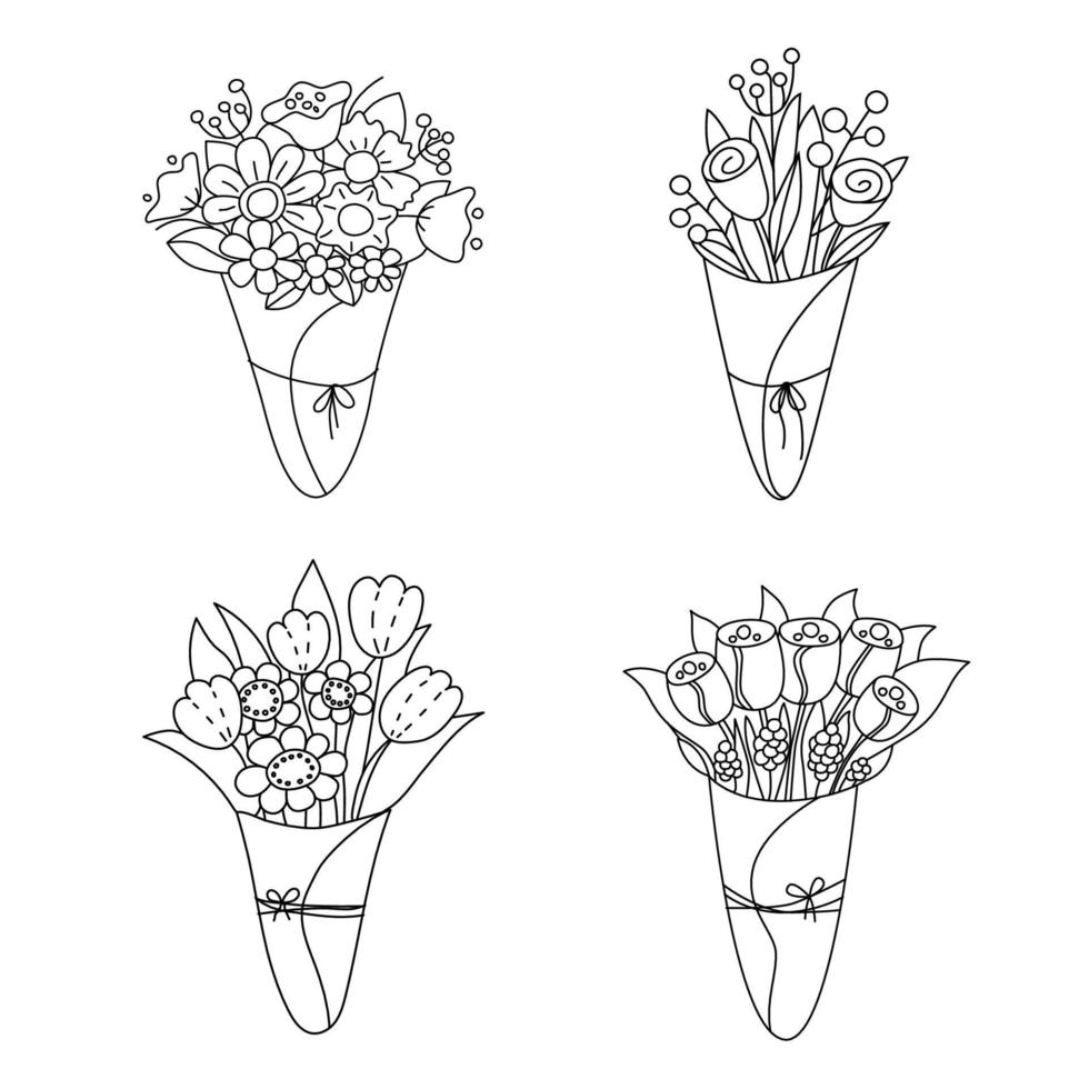 blomma bukett. vektor linje konst illustration av skiss av blommor. skriva ut design, posta kort, inbjudan, bröllop, blomma affär. abstrakt, trendig, minimal, anbud. kvinnors dag hälsning kort