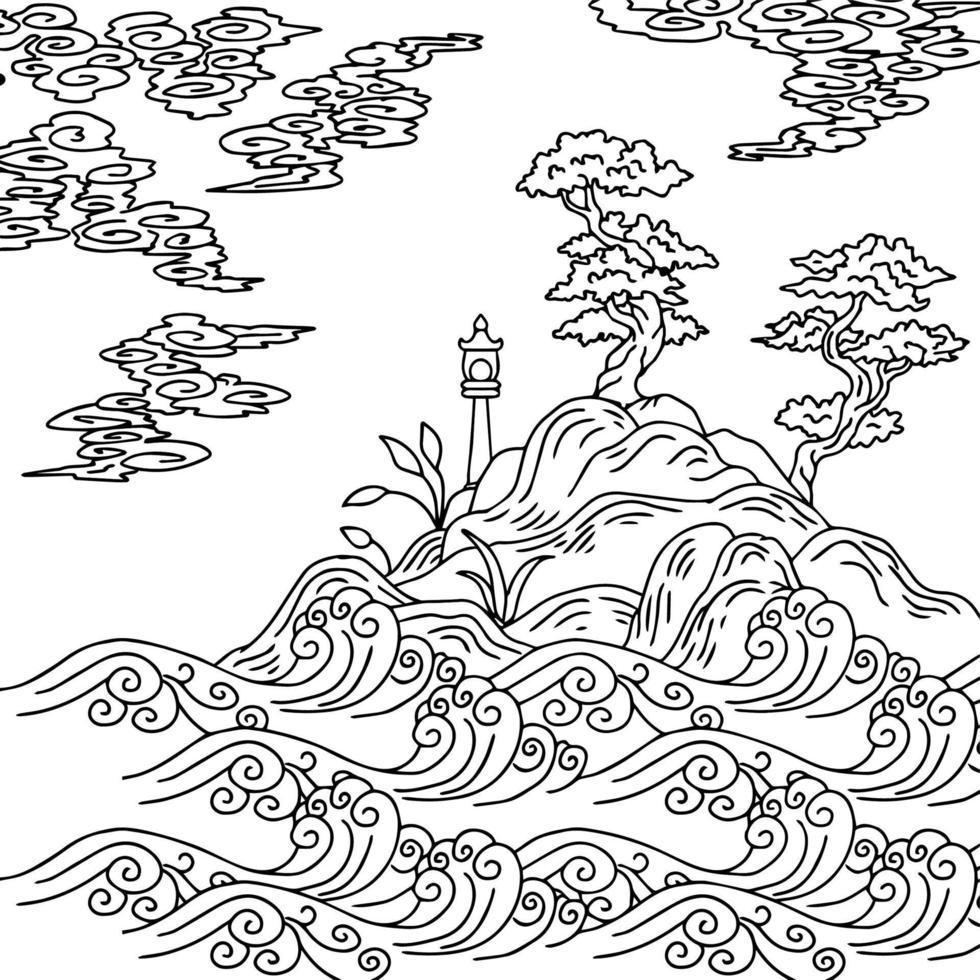 Druckdesign asiatische Landschaftsmalerei Umriss vektor