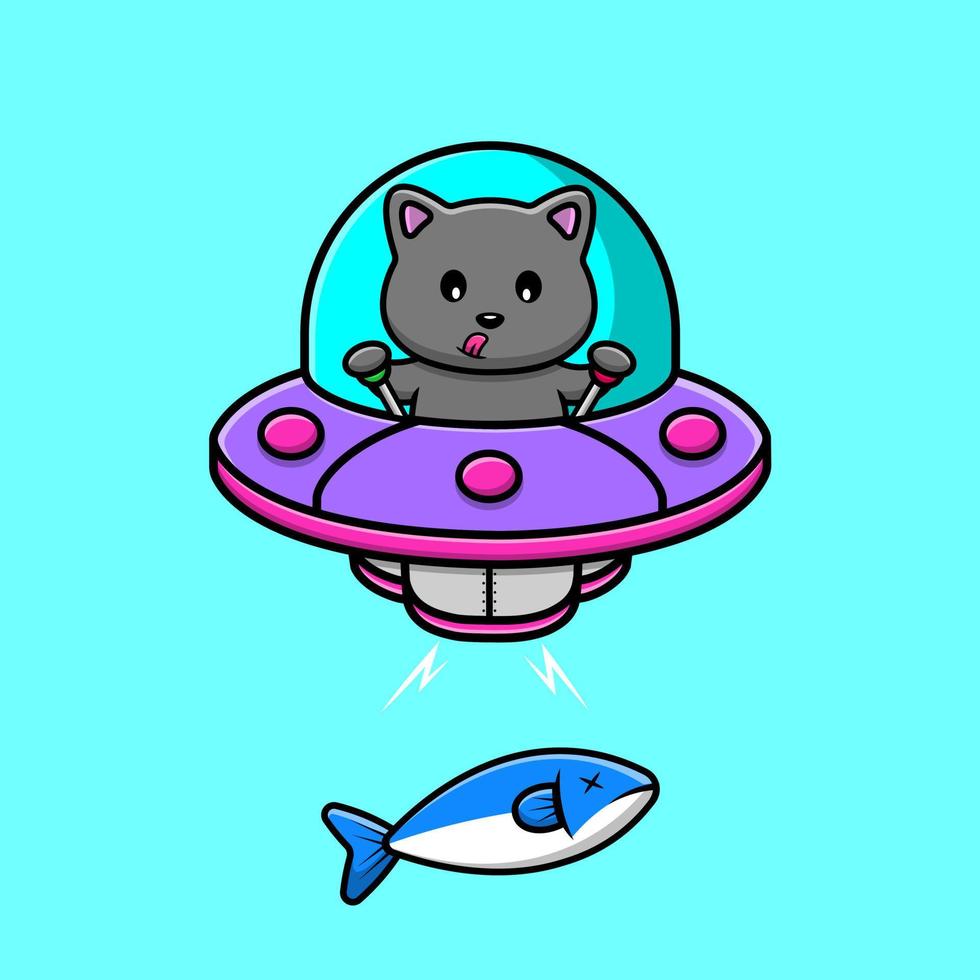 niedliche katze, die fische mit ufo-cartoon-vektorsymbolillustration fängt. flaches karikaturkonzept vektor