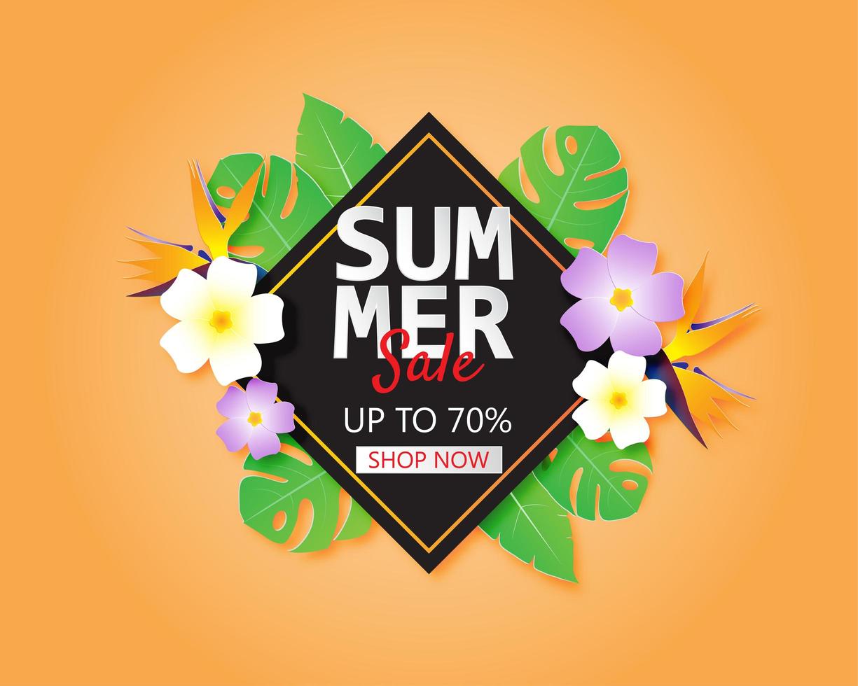 sommar försäljning banner med blommor och blad vektor