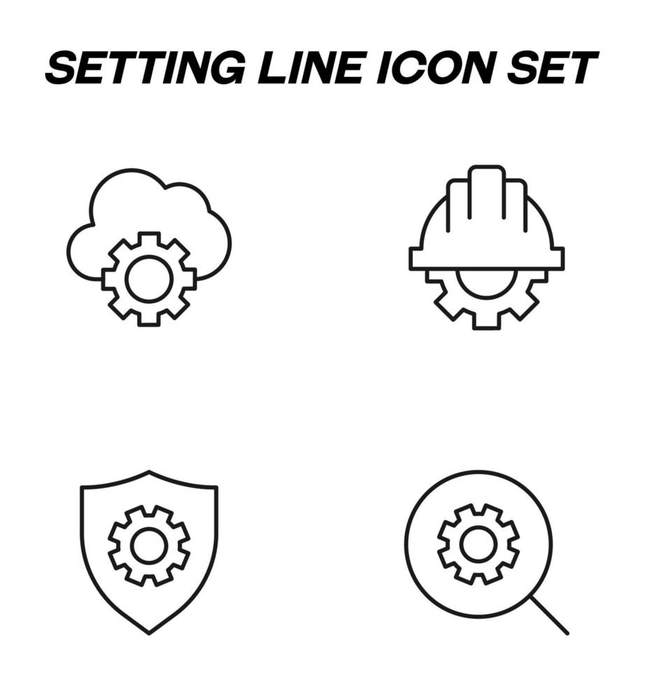 einfache monochrome Vektorsymbole, die für Apps, Bücher, Geschäfte, Geschäfte usw. geeignet sind. Liniensymbole, die mit Zeichen von Zahnrad oder Zahnrad durch Wolke, Helm, Schild, Lupe gesetzt sind vektor