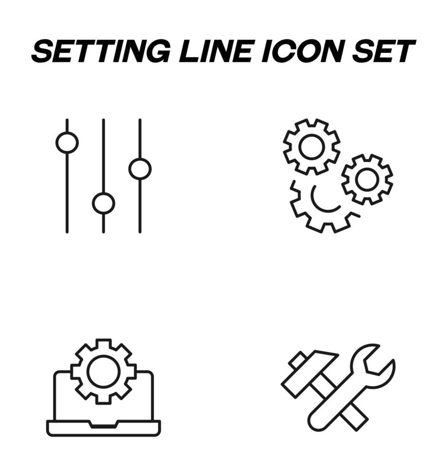 einfache einfarbige Vektorsymbole, die für Apps, Bücher, Geschäfte, Geschäfte usw. geeignet sind. Liniensymbole mit Zeichen von Regler, Getriebe, Hammer und Schraubenschlüssel, Zahnrad per Laptop vektor