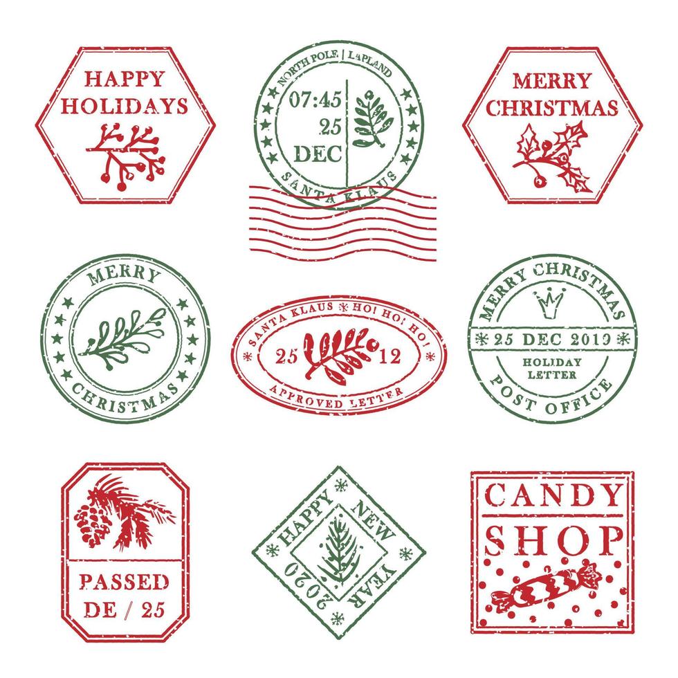 Satz von Vintage strukturiertem Grunge-Weihnachtsstempelgummi mit Feiertagssymbolen in roten, grünen und blauen Farben. für weihnachtsgrußkarte, einladungen, webbanner, verkaufsflyer retro design vektor