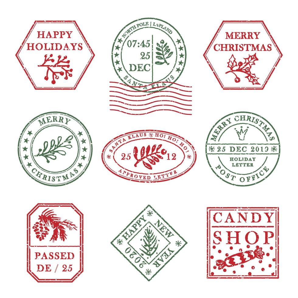 uppsättning av årgång texturerad grunge jul stämpel sudd med Semester symboler i röd, grön och blå färger. för xmas hälsning kort, inbjudningar, webb baner, försäljning flygblad retro design vektor