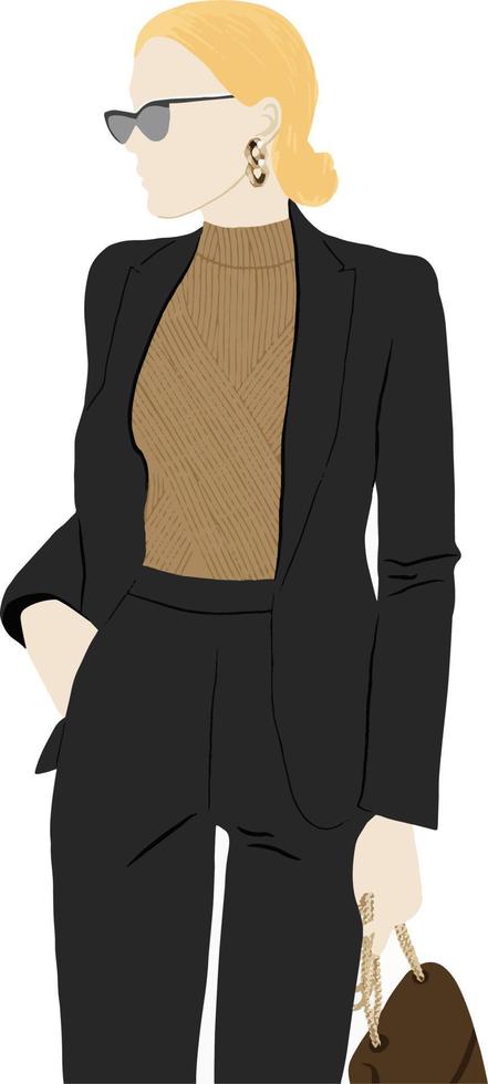 ansiktslös arbetssätt kvinna i svart kostym, vektor illustration, kvinna mode, modern företag kvinna se
