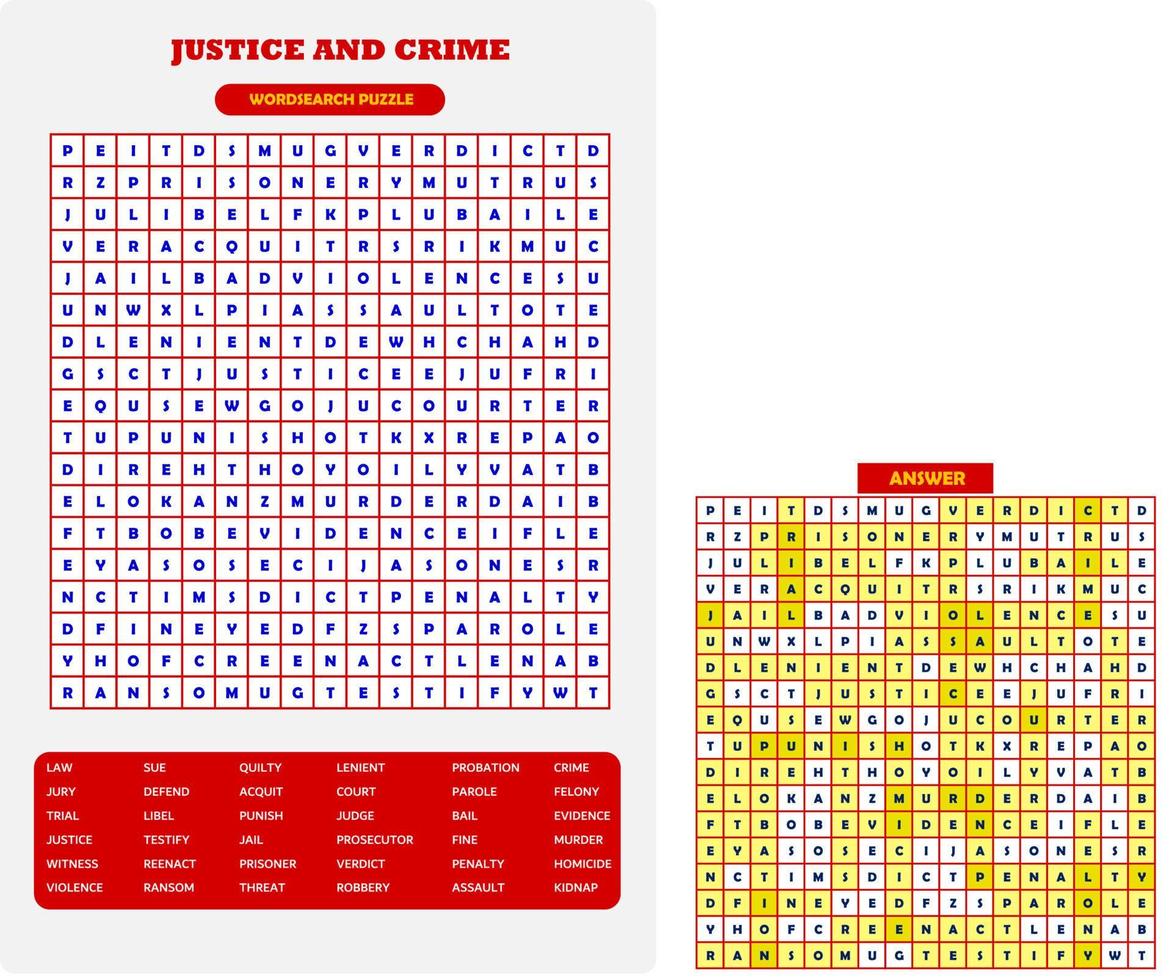 tryckbar ord Sök pussel. roligt ordförråd kalkylblad för inlärning engelsk ord. hitta dold ord. fest kort. pedagogisk spel för unge och vuxen. rättvisa och brottslighet tema. vektor