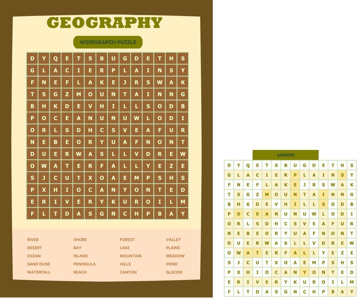 Druckbares Wortsuchrätsel. lustiges vokabelarbeitsblatt zum lernen englischer wörter. versteckte Wörter finden. Parteikarte. Lernspiel für Kinder und Erwachsene. Thema Geographie. vektor