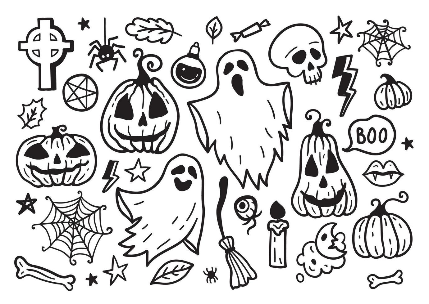 Halloween-Zeichnungen Vektor-Set von Design-Elementen. Kürbis, Geist, Netz vektor