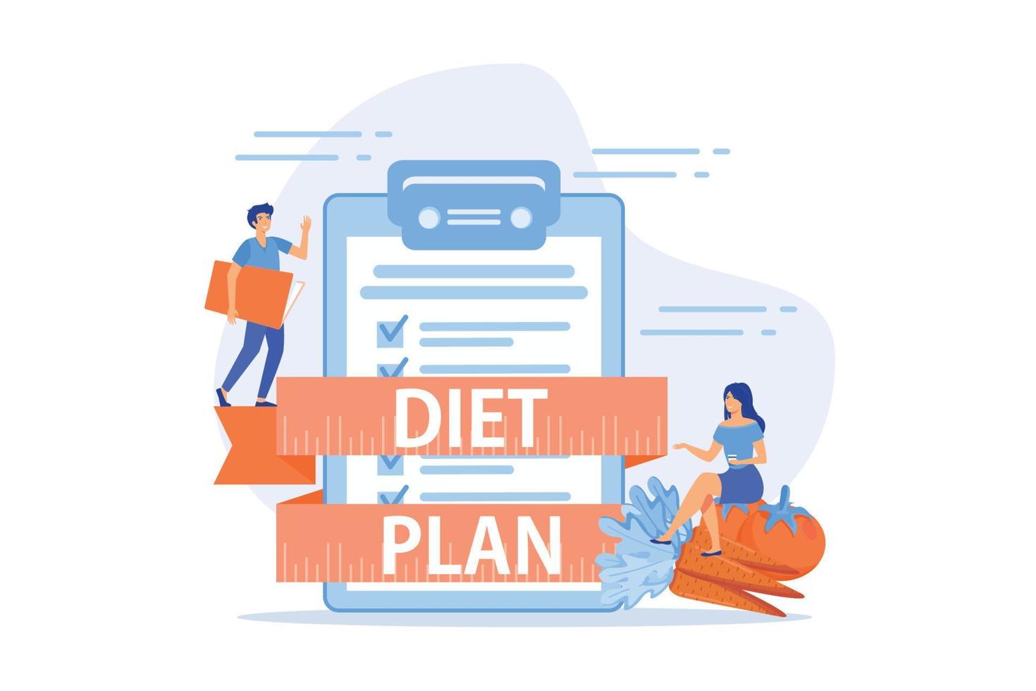 mycket liten människor dietist och diet planen checklista med grönsaker, frukt. näring diet, vikthantering diet, enskild diet- service begrepp. platt vektor modern illustration