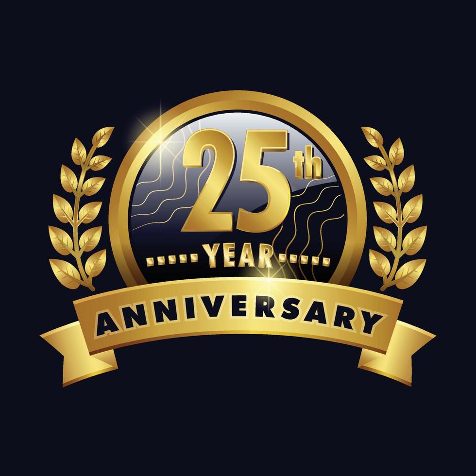 25:e årsdag gyllene logotyp tjugofemte år bricka med siffra tjugofem band, laurel krans vektor design
