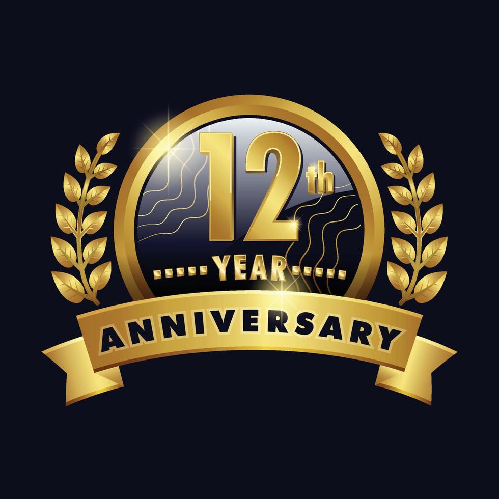 12th årsdag gyllene logotyp tolfte år bricka med siffra tolv band, laurel krans vektor design