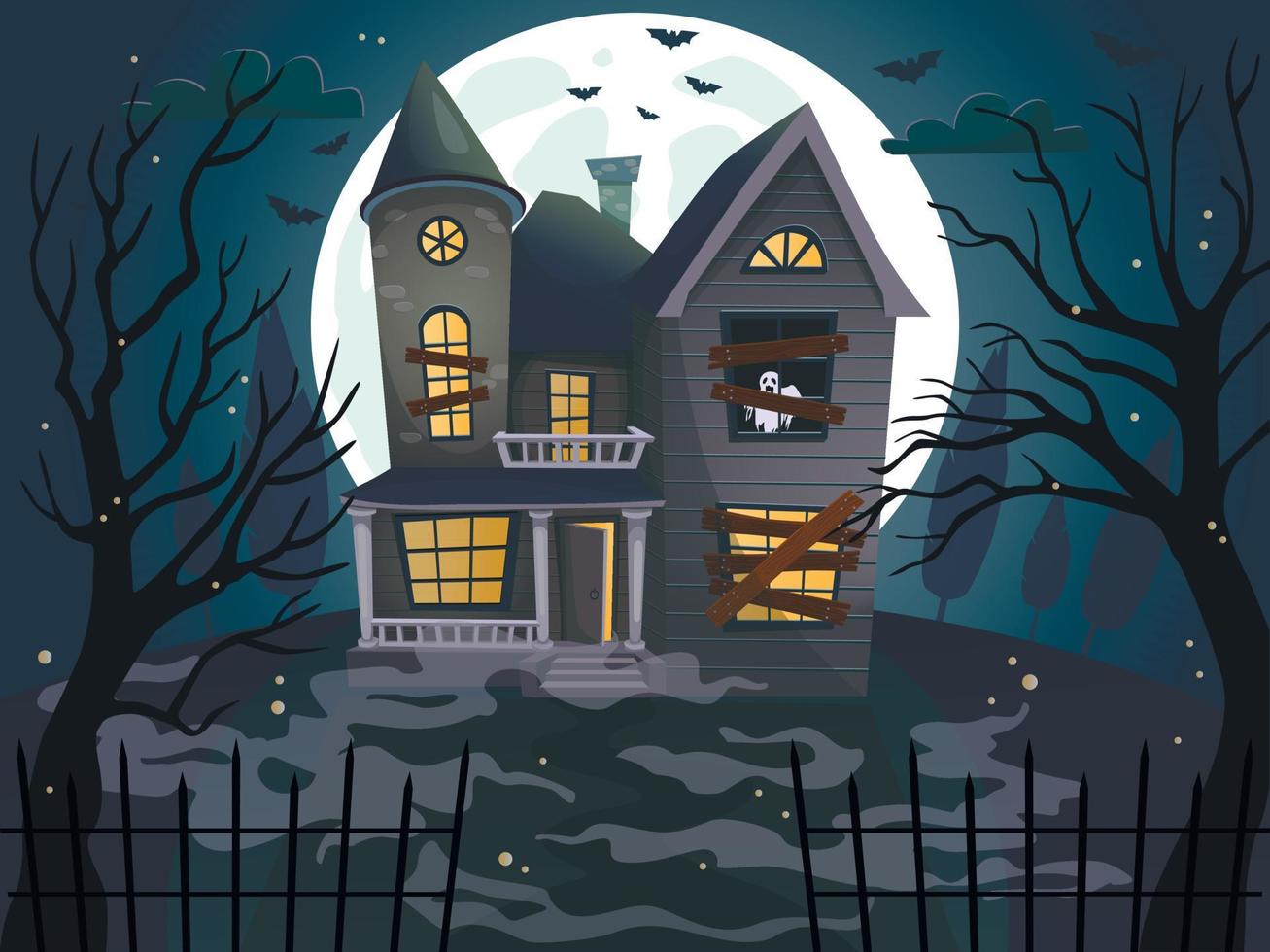 halloween besatt hus på blå måne bakgrund. vektor illustration.