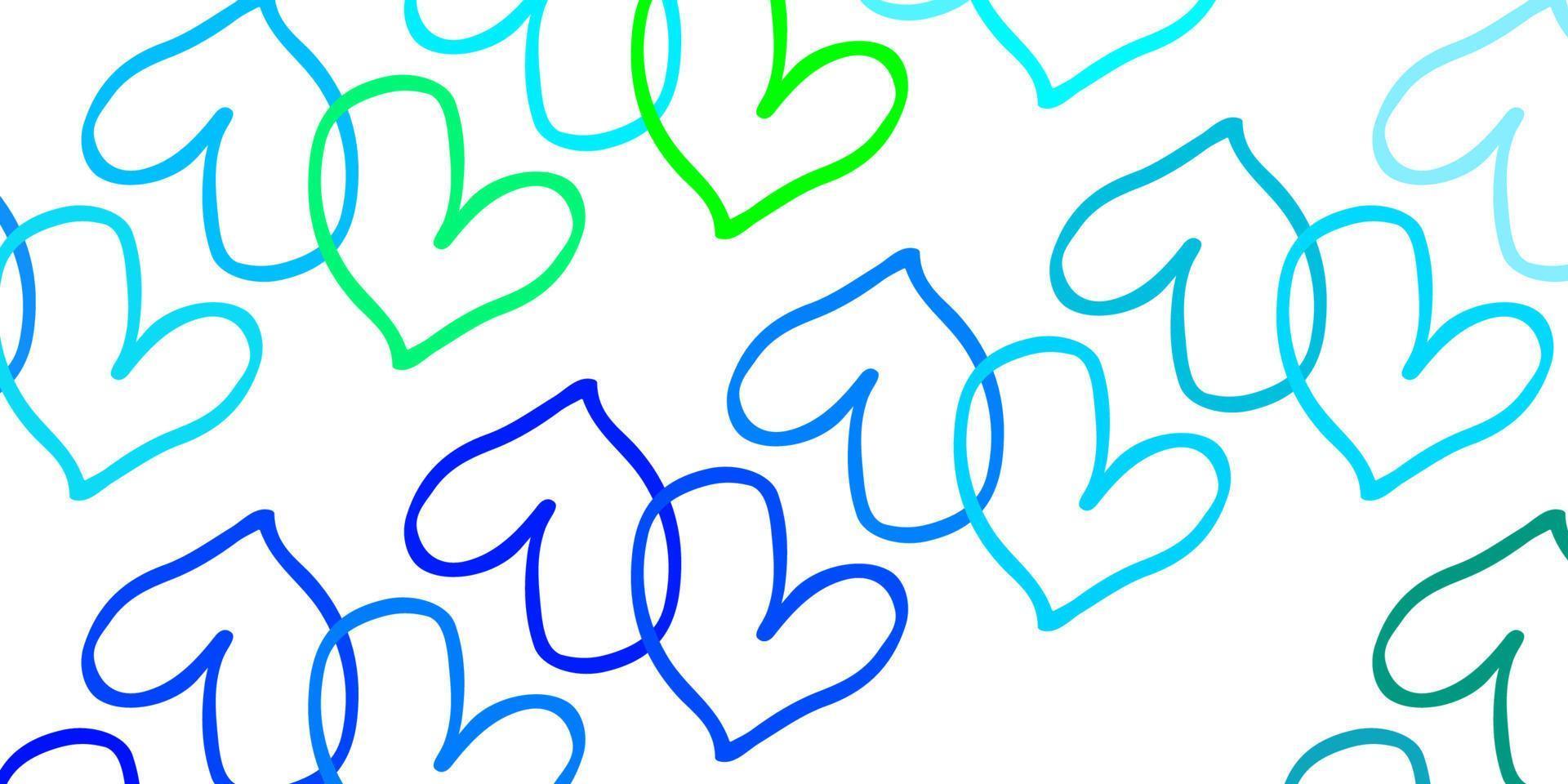 ljusblå, grön vektormall med doodle hjärtan. vektor