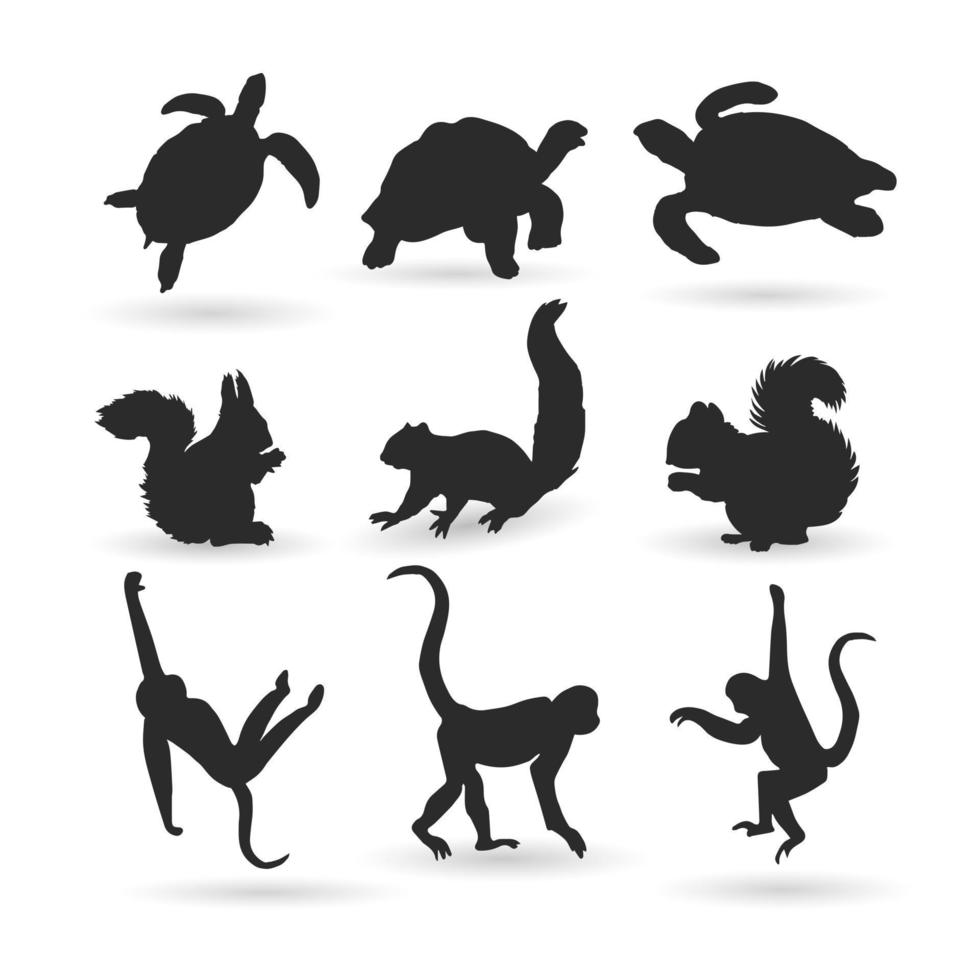 vektor uppsättning av djur, sköldpadda, ekorre och apa silhuett illustrationer