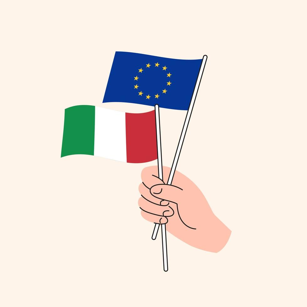 karikaturhand, die europäische union und italienische flaggen hält. eu italien beziehungen. Konzept der Diplomatie, Politik und demokratischen Verhandlungen. flaches Design isolierter Vektor