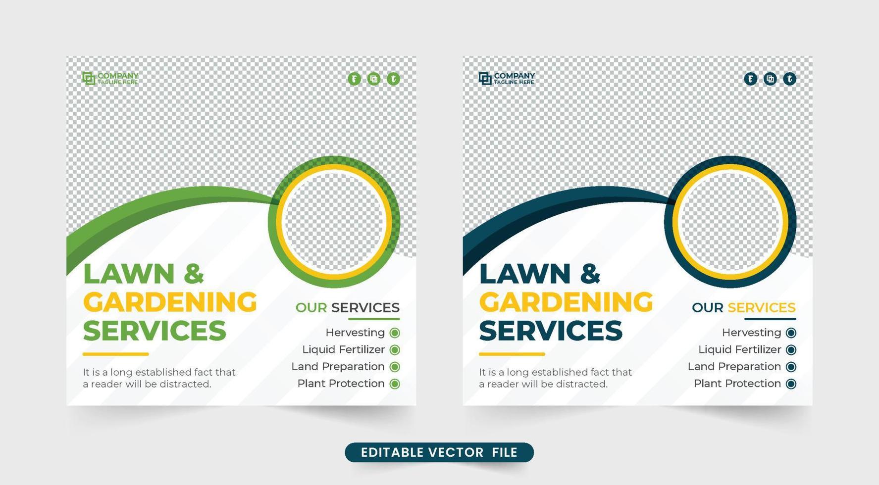 ernte- und gartendienst social media post design mit grünen und blauen farben. Rasenmäher-Geschäftsvorlage für Marketing. agro farm service werbevorlagendesign mit kreativen formen. vektor