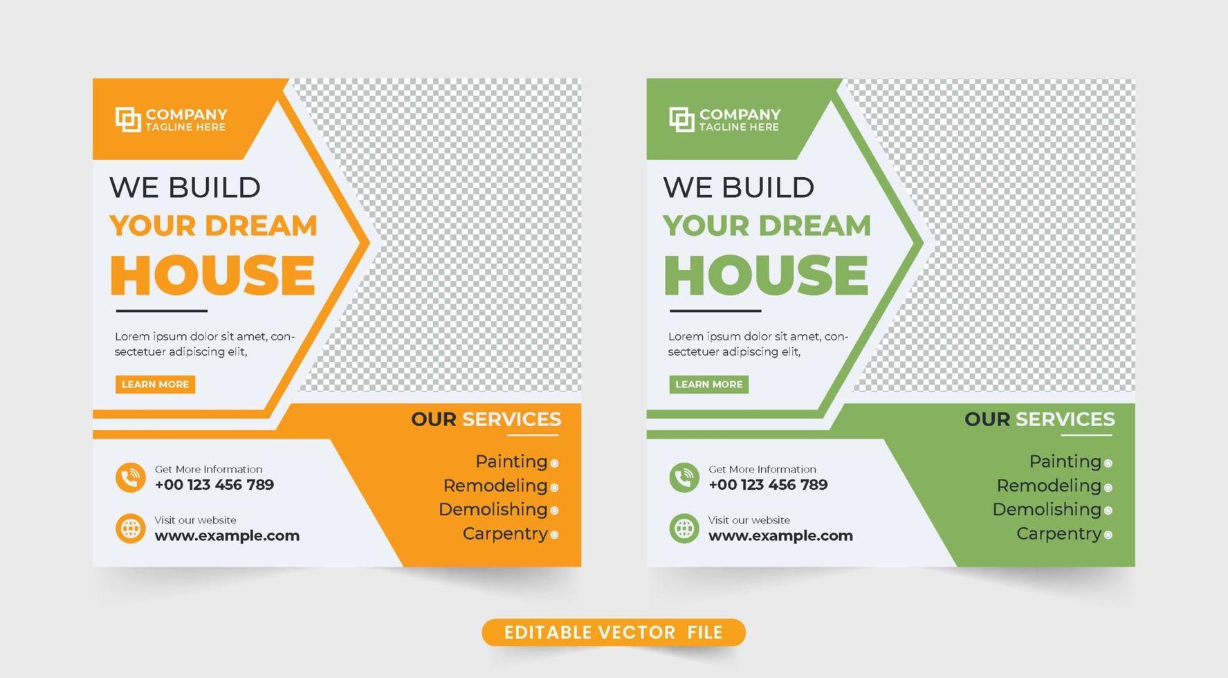 bauleitung und immobiliengeschäft social media-posts mit grünen und gelben farben. Werbevorlagenvektor für den Hausbau und das Immobiliengeschäft. Web-Banner für den Reparaturservice zu Hause vektor