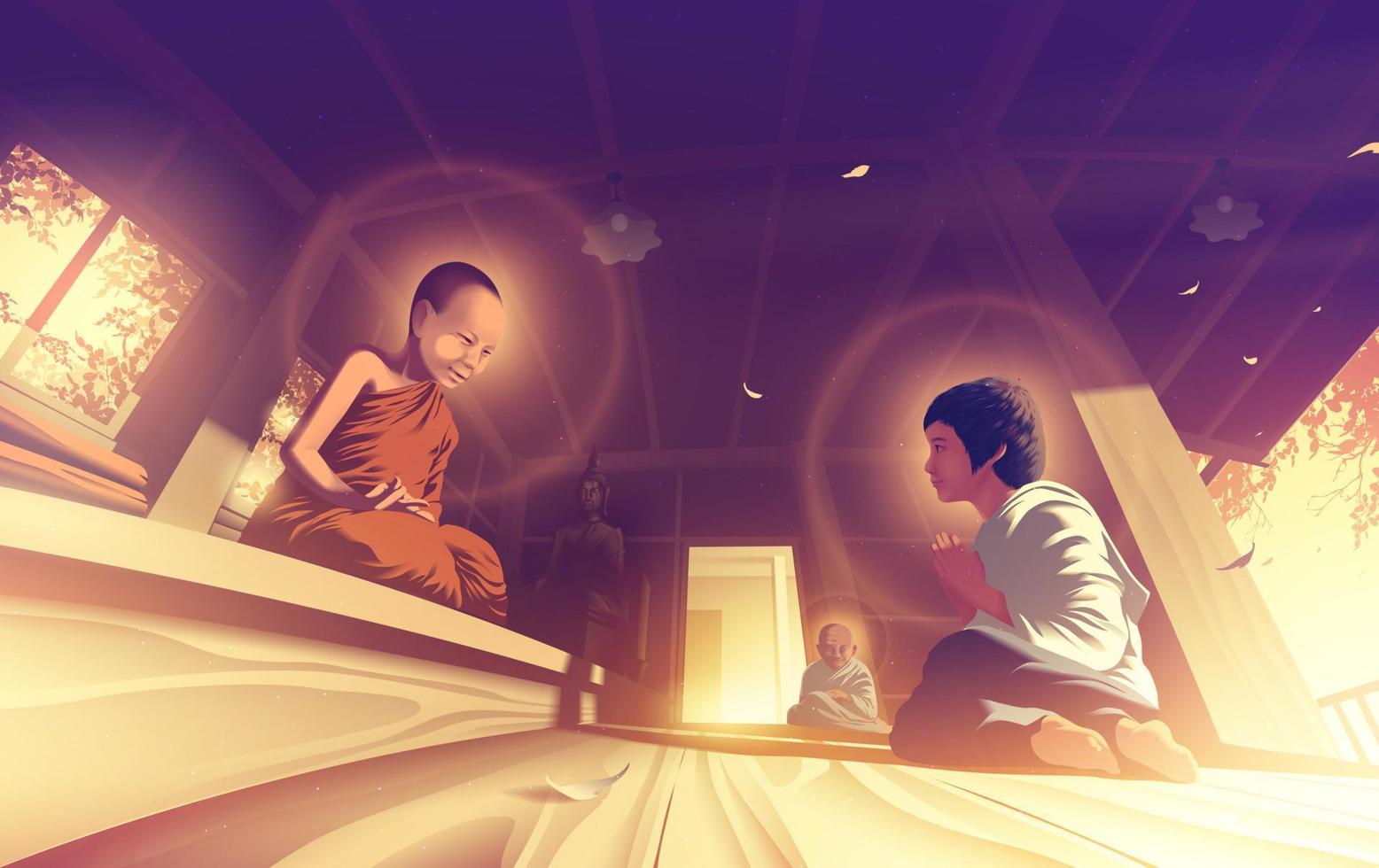 en helig nybörjare är förkunnelse dharma med en helig liten nunna i en predikan hall. vektor