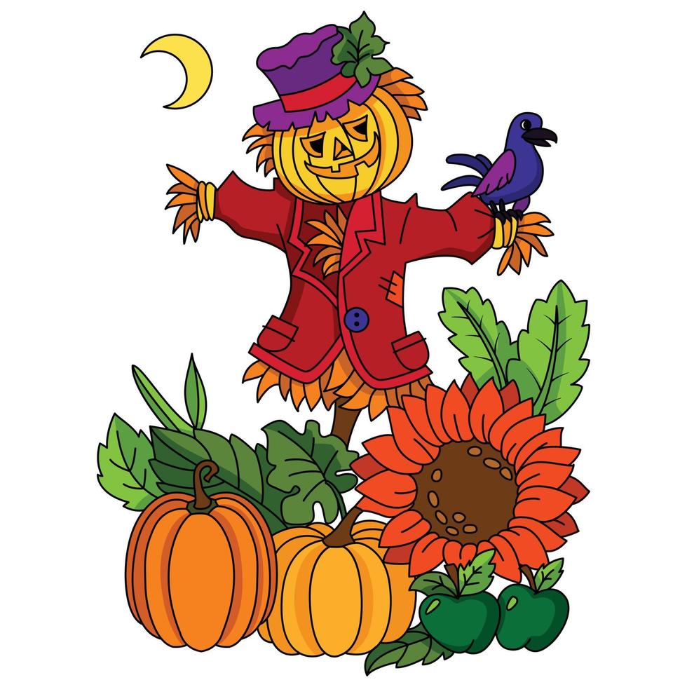 gruselige halloween-strohvogelscheuche mit hutkürbis und sonnenblumenhalloween-färbungsillustrationskunst vektor