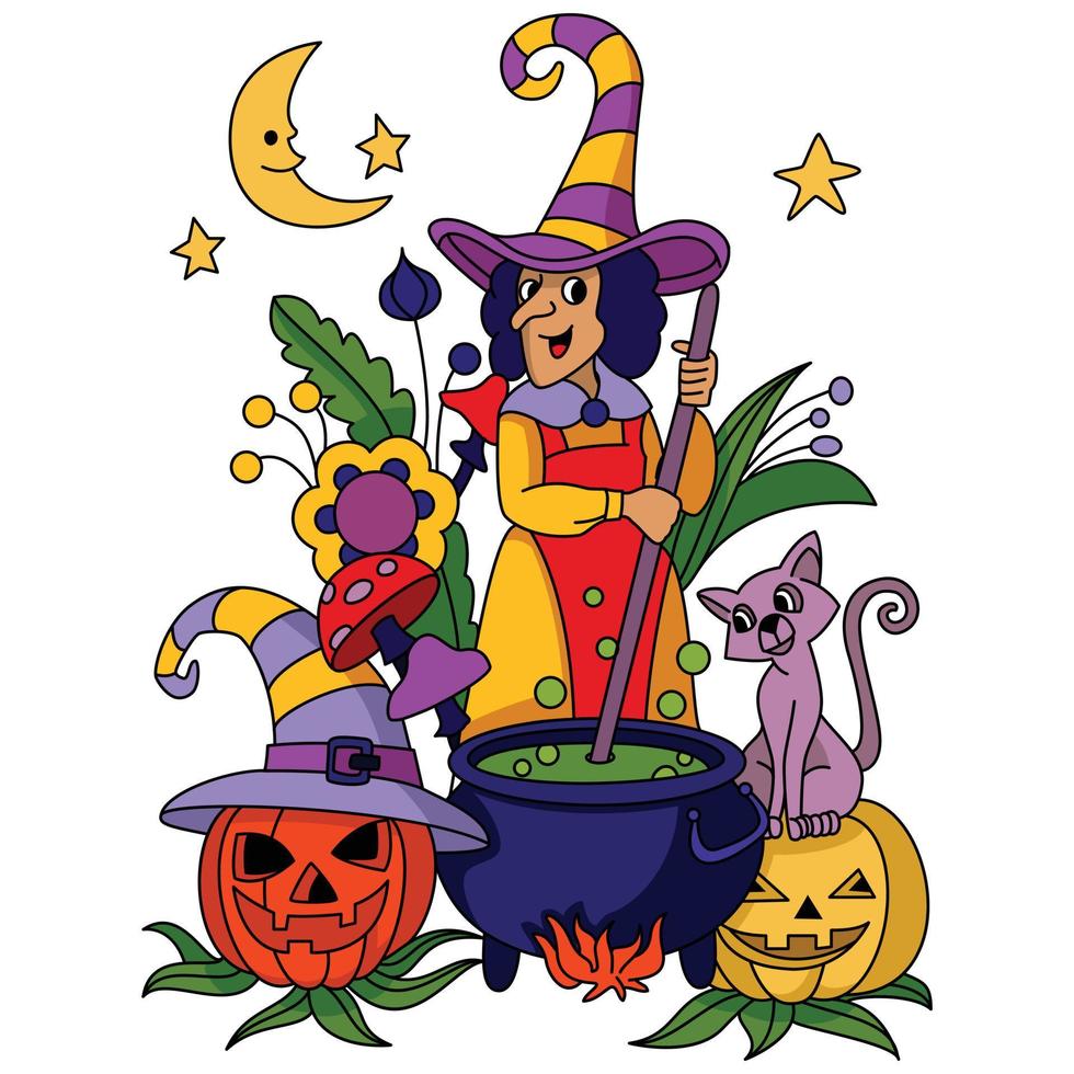 söt skrämmande häxa matlagning trolldryck pott och häxa hatt på pumpa blommor halloween färg illustration vektor