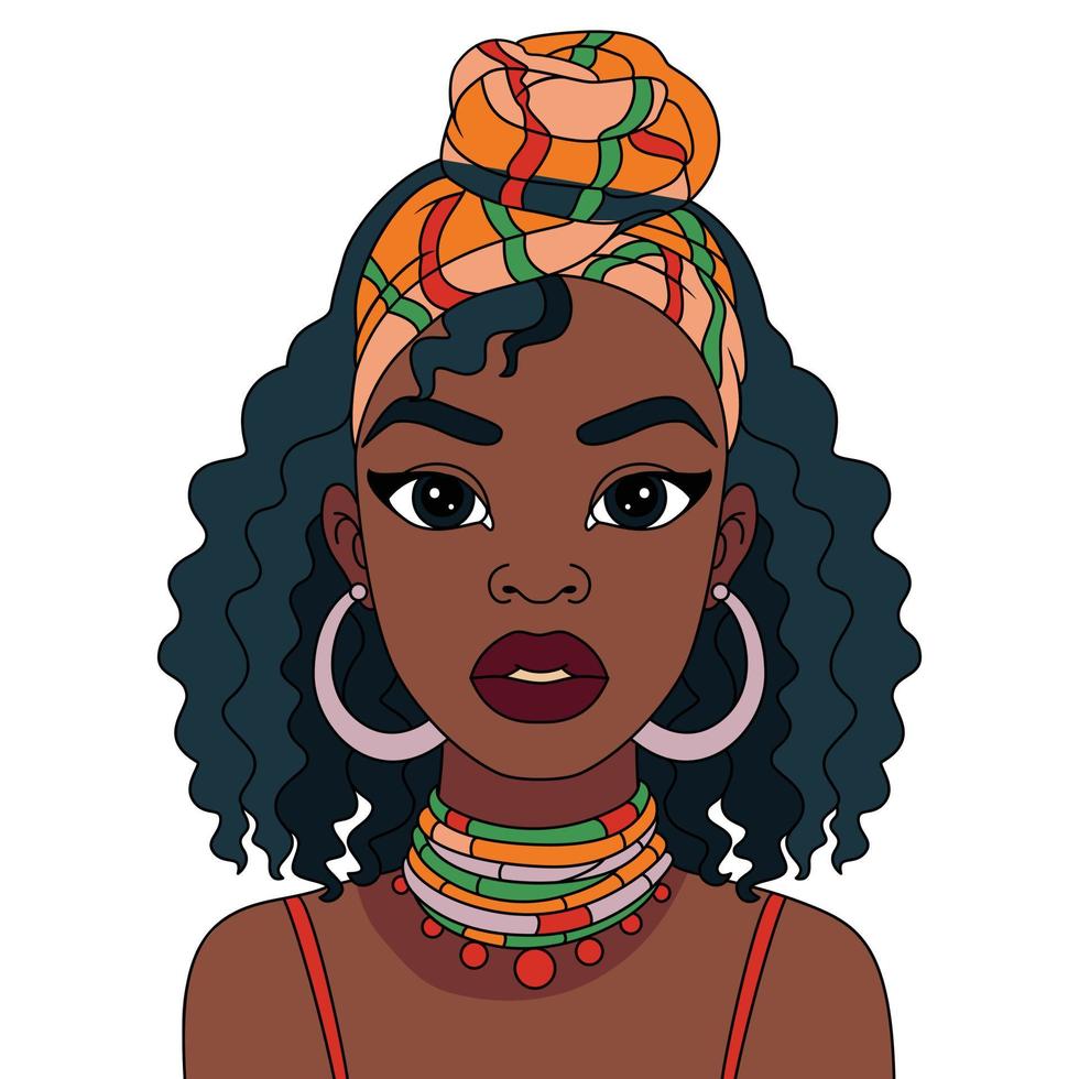 afro kvinna turban huvud slå in scarf med några ornament svart flicka färg illustration konstverk vektor