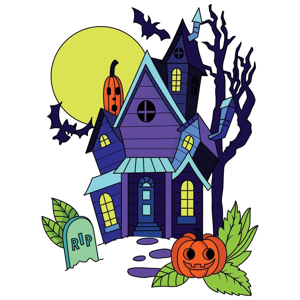 gespenstisches handgezeichnetes halloween spukhaus gruseliges halloween farbbild illustrationsgrafik vektor