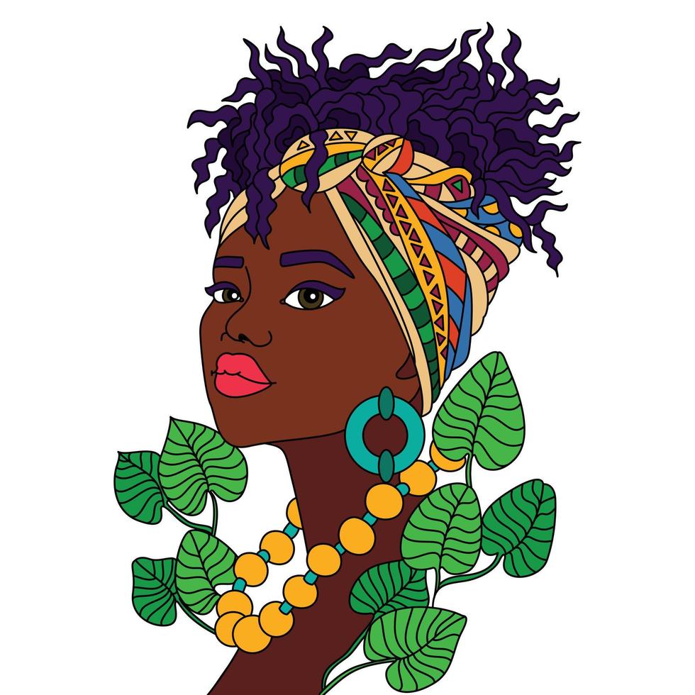 afrikansk svart kvinna afro modern flicka turban huvud slå in scarf nubiska drottning färg illustration konstverk vektor