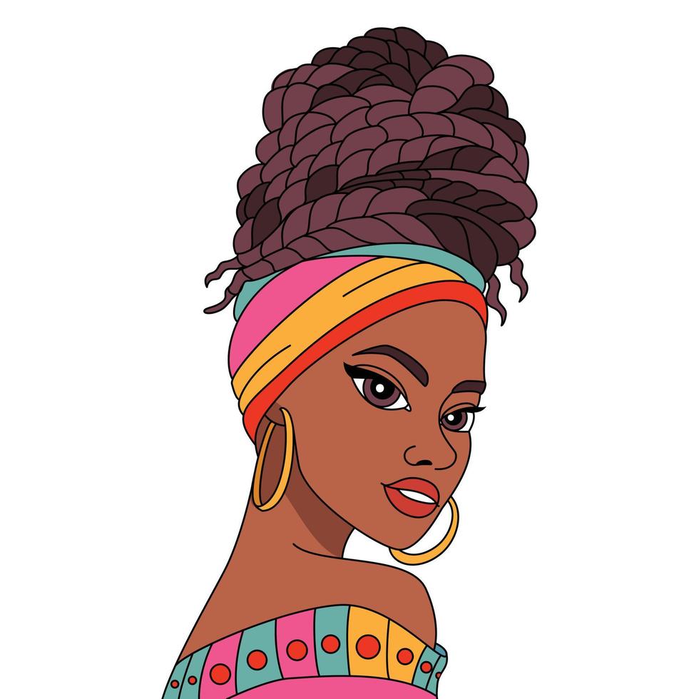 junges afrikanisches schwarzes mädchen in einem bunten turban mit afro-traditioneller frisur-farbillustration vektor