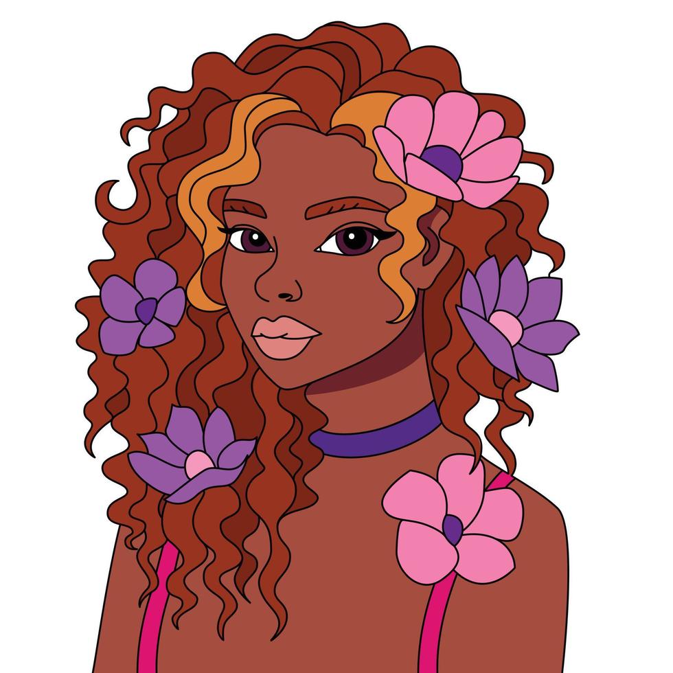 Afrikanische schwarze Frau, lockige Frisur mit Blumen, Vektor, Afro-Mädchen, Vektor, Färbung, Illustration, Kunstwerk vektor