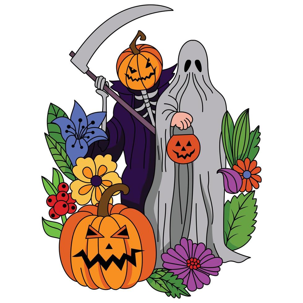 skördeman innehav en lie och bua kostym med kuslig pumpa blommor halloween färg illustration vektor