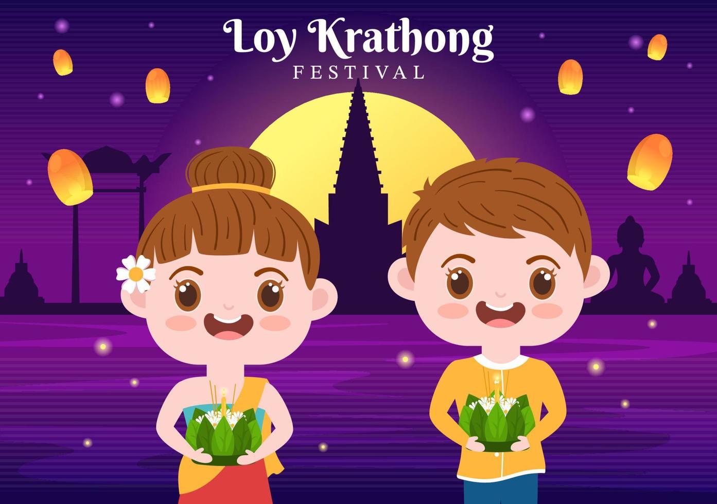 loy krathong festival firande i thailand mall hand dragen tecknad serie platt illustration med lyktor och krathongs flytande på vatten design vektor