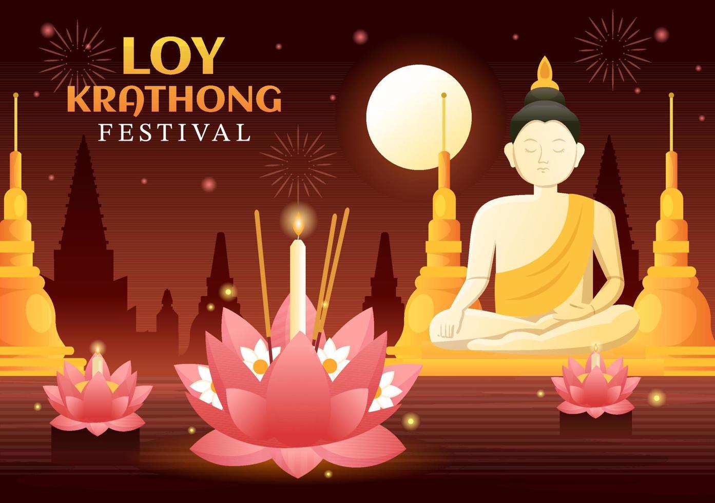 loy krathong festival firande i thailand mall hand dragen tecknad serie platt illustration med lyktor och krathongs flytande på vatten design vektor