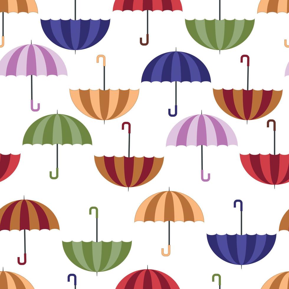 Nahtloses Herbstmuster mit bunten blauen, roten, orangen, braunen, lila, grünen Regenschirmen für Regenwetter im flachen Stil isoliert auf weißem Hintergrund vektor