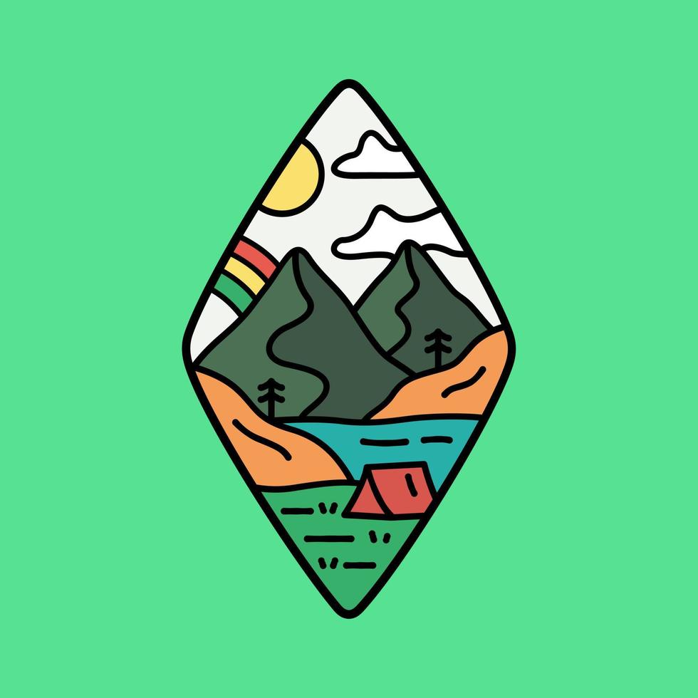 design av natur berg camping med regnbåge himmel för bricka, klistermärke, lappa, t skjorta design, etc vektor