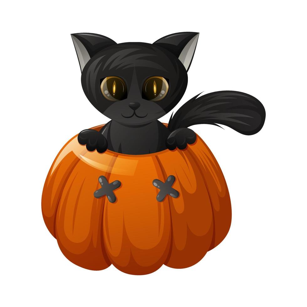 söt svart katt i en halloween pumpa med rolig ögon. tecknad serie vektor illustration