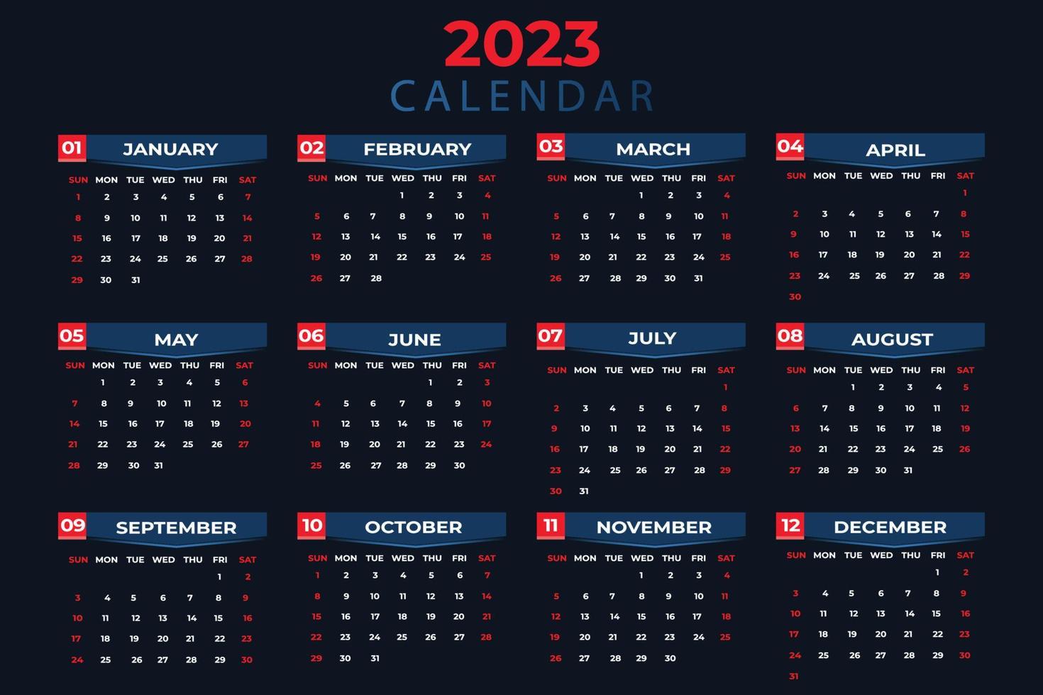 årlig kalender 2023 vecka börjar från söndag i nyanser av röd, blå och svart vektor