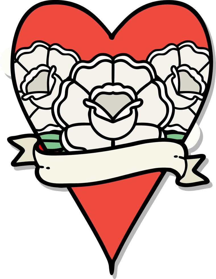 klistermärke av tatuering i traditionell stil av en hjärta och baner med blommor vektor