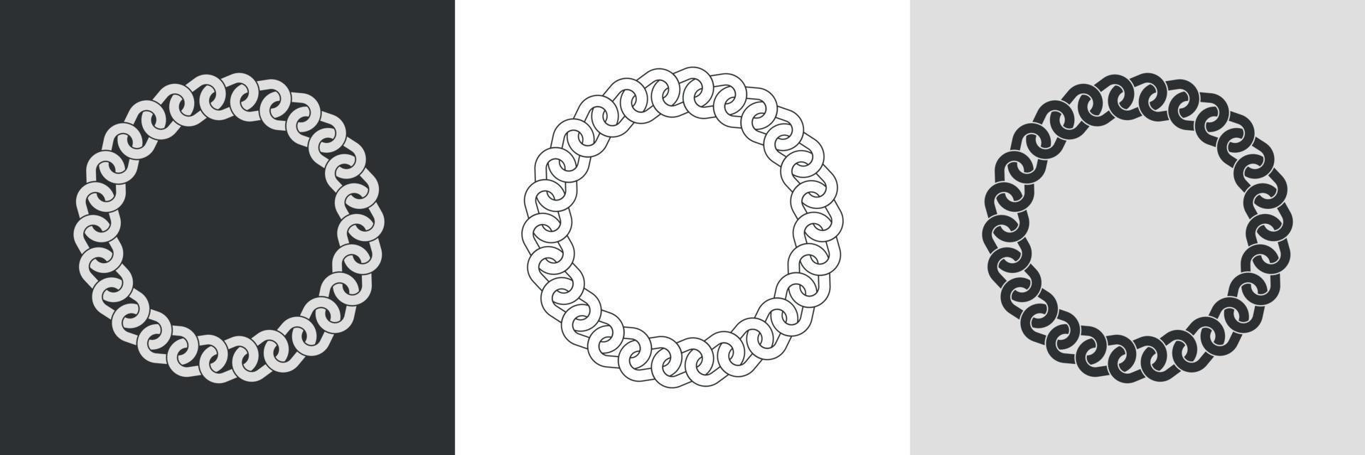 kedja runda ramar. uppsättning av cirkel gräns kedjor silhuett, linje konst och inversion. sömlös krans cirkel form. Smycken design, text ram. vektor illustration