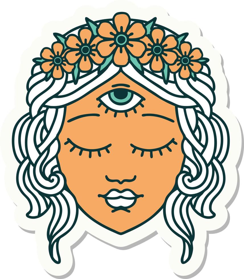 klistermärke av tatuering i traditionell stil av kvinna ansikte med tredje öga och krona av blommor vektor