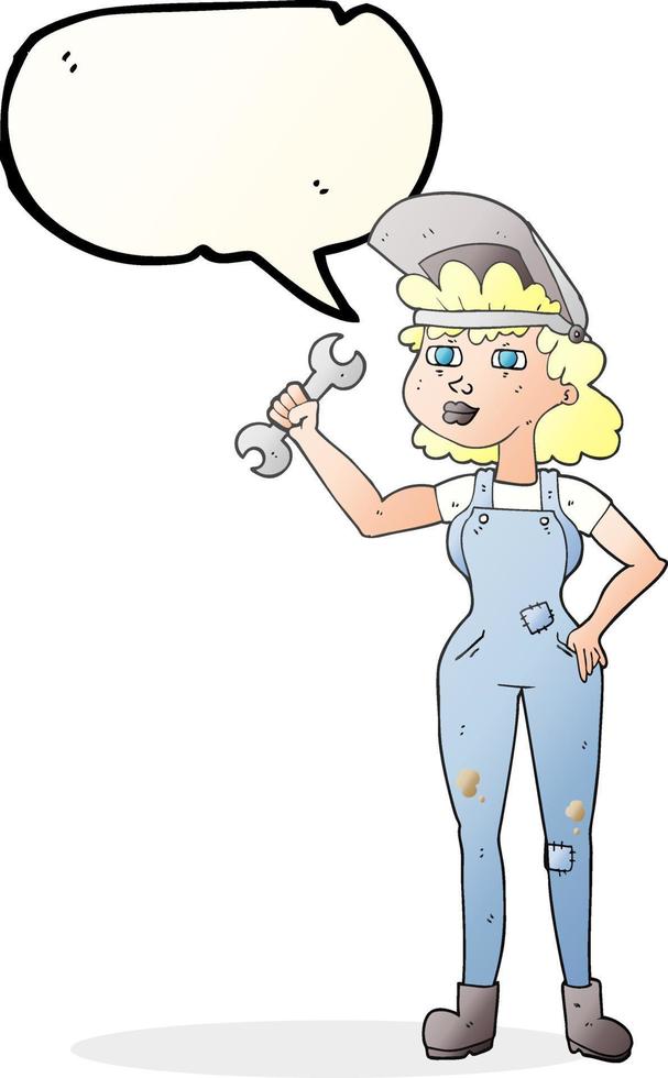 Freihändig gezeichnete Sprechblase Cartoon-Frau mit Schraubenschlüssel vektor