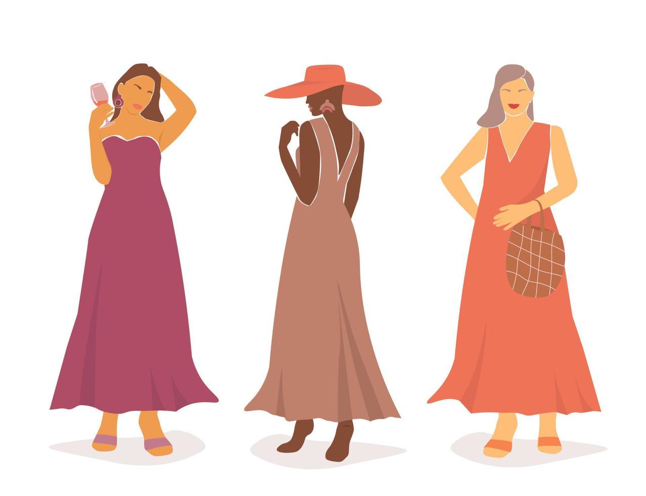 webb skön abstrakt kvinnor i full längd klänningar, i en hatt, med en glas. porträtt av en modern flicka i sommar kväll kläder. vektor grafik.