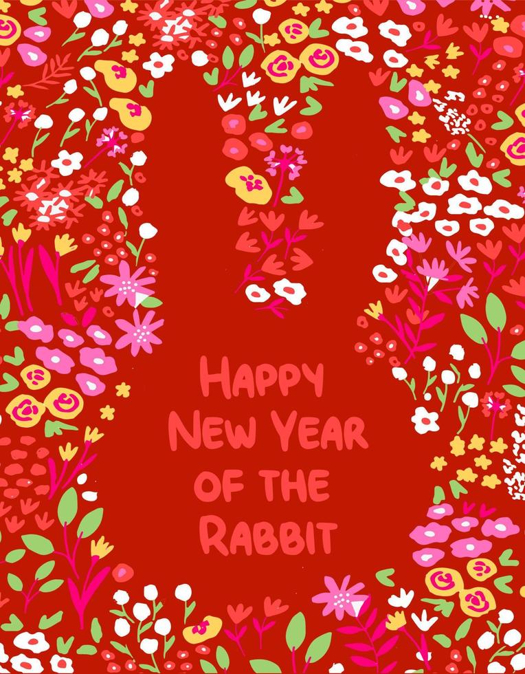 blommig bakgrund med kanin huvud silhuett. text skriven 'Lycklig ny år av de kanin' vektor