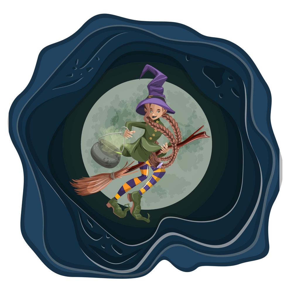 vektorbild einer jungen hexe mit einem broom.halloween. Cartoon-Stil. Nachahmung der Papiertechnologie. vektor