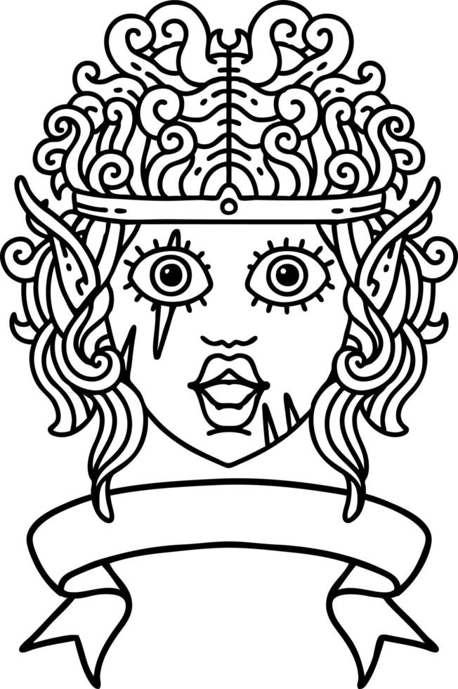Schwarz-Weiß-Tattoo-Linework-Stil Elfen-Barbaren-Charaktergesicht mit Banner vektor