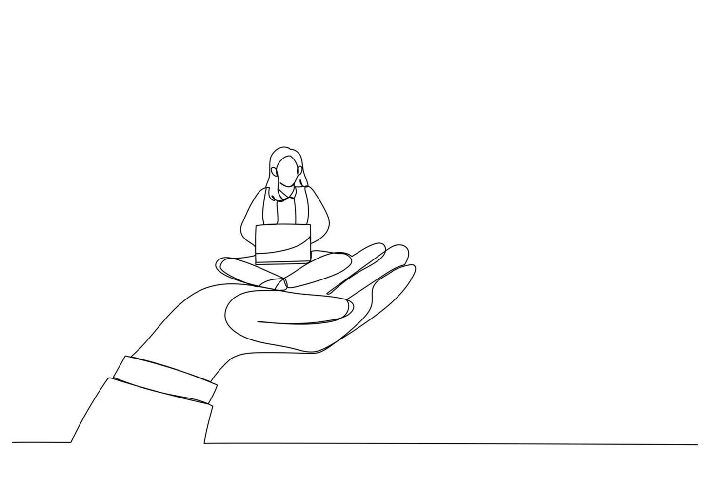 Illustration einer riesigen Hand, die eine Geschäftsfrau hält, die am Laptop arbeitet, Metapher für Mitarbeiterbetreuung, Unternehmensunterstützung. Einzeiliger Kunststil vektor